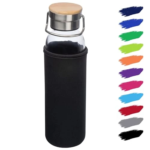 NOMA Glasflasche 0,6l mit Neoprenhülle | Trinkflasche aus Glas in 500ml, 600ml & 1000ml mit Schutzhülle und Edelstahldeckel | Wasserflasche für Sport, Büro, Schule & Outdoor | Schwarz