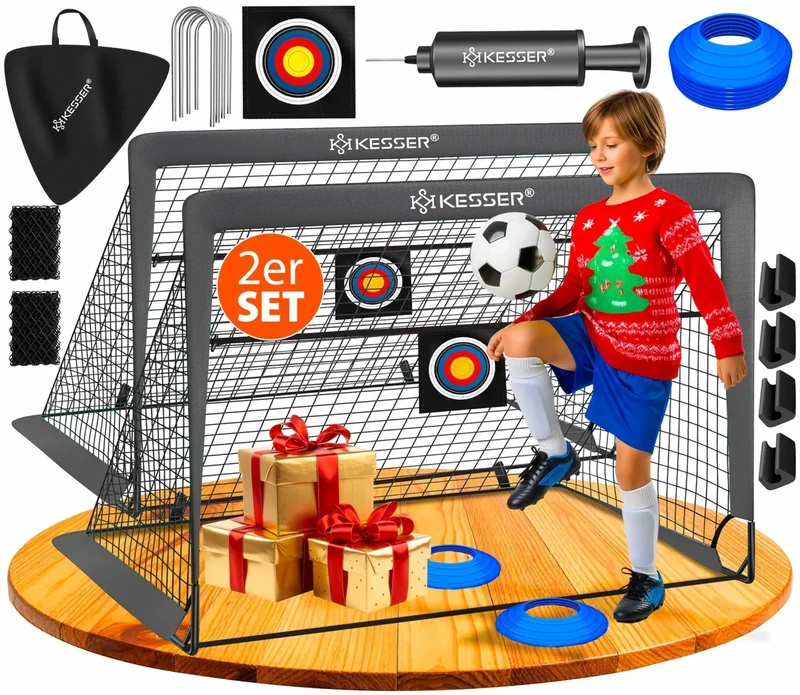 KESSER® Fussballtor 2er Set | Tolles Fußball Geschenk für Kinder, Indoor und Outdoor Garten : Antirutsch - Inkl. Fussball Trainingszubehör: Hütchen, Zielscheibe, Sporttasche, Ballpumpe, Anthrazit