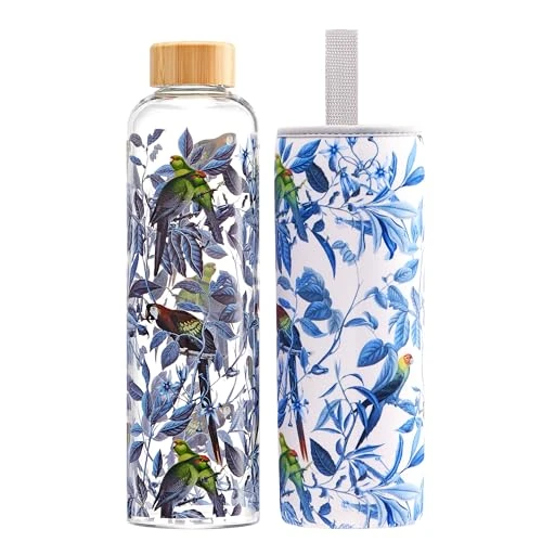 Autsel 1 liter Glasflasche Trinkflasche Glas Sport Borosilikat Glass Bottle Wasser Flasche mit Neopren-Hülle mit extra dichte Bambusdeckel