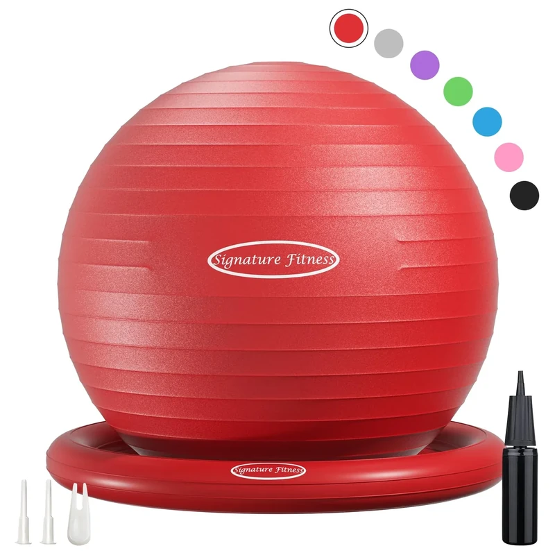Fitvids Gymnastikball mit aufblasbarem Ringsockel, platzsicher und rutschfest, Yoga-Stuhl für den Schreibtisch zu Hause oder im Büro, inklusive Luftpumpe, Rot, 65 cm