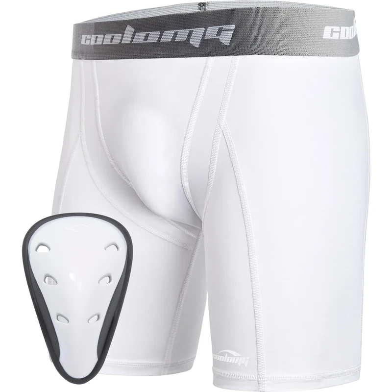COOLOMG Herren Tiefschutz Suspensorium Kompressionshose Unterwäsche mit Cup für Kampfsport Handball Football Taekwondo weiß S