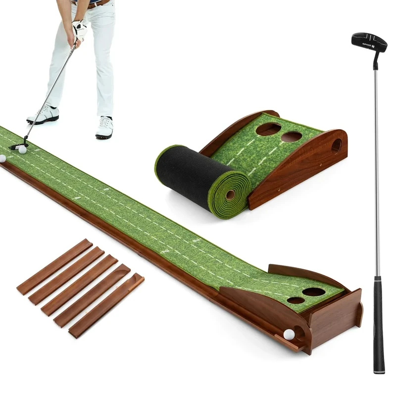 COSTWAY Golf Puttingmatte, Golfmatte mit 2 Löchern, Auto Rückkehr Übungsmatte mit 3 Golfbällen & Kunstrasen, Putting Trainer Indoor Outdoor für Anfänger, Profis (2 Löcher, mit Putter)