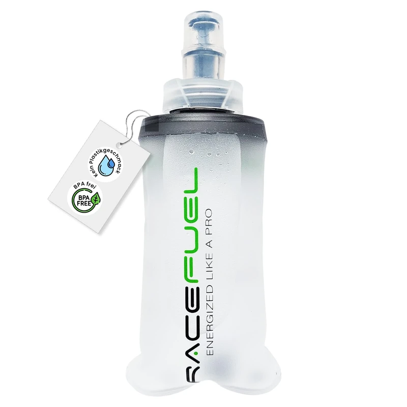 RaceFuel faltbare 150ml Trinkflasche Gelflasche, Soft Flask BPA-frei, mit RaceFuel Energy Gel Rezept QR-Code, perfekt zum Laufen, Marathon, Triathlon und Radfahren (1 Stück, 150ml)
