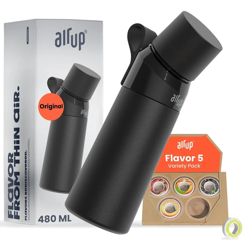 air up Twist Pro Flasche Steel Starter Set Original aus Edelstahl inkl. Pods in 5 Geschmacksrichtungen, zuckerfrei I 480ml Isolierflasche mit Geschmack, hält Wasser 14 Std. kalt I Schwarz