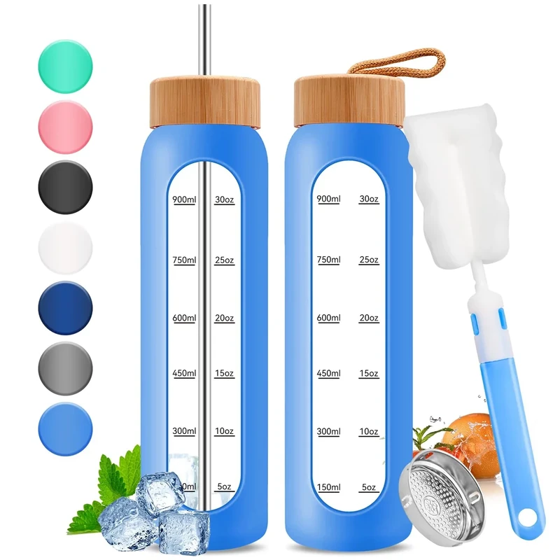 Wobeny 32oz Glas-Wasserflasche mit Zeitmarkierung - 1000ml große motivierende Wasserflasche mit 2 Bambusdeckeln, 1 Liter Flasche für Fitness mit Edelstahlstrohhalm & Silikonhülle (Blau)