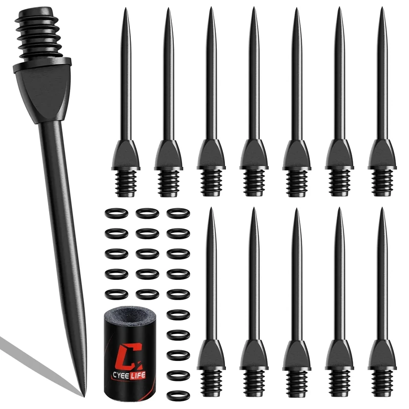 CyeeLife 12 Stück 2BA Steel dartpfeile Spitzen + 20 Stück Gummiringe + 1 Stück Dartpfeile Spitzer,Metallspitzen für Dartpfeile Umrüsten Softdart, Steeldartspitzen Metall,Dart Tip Konverter Tool