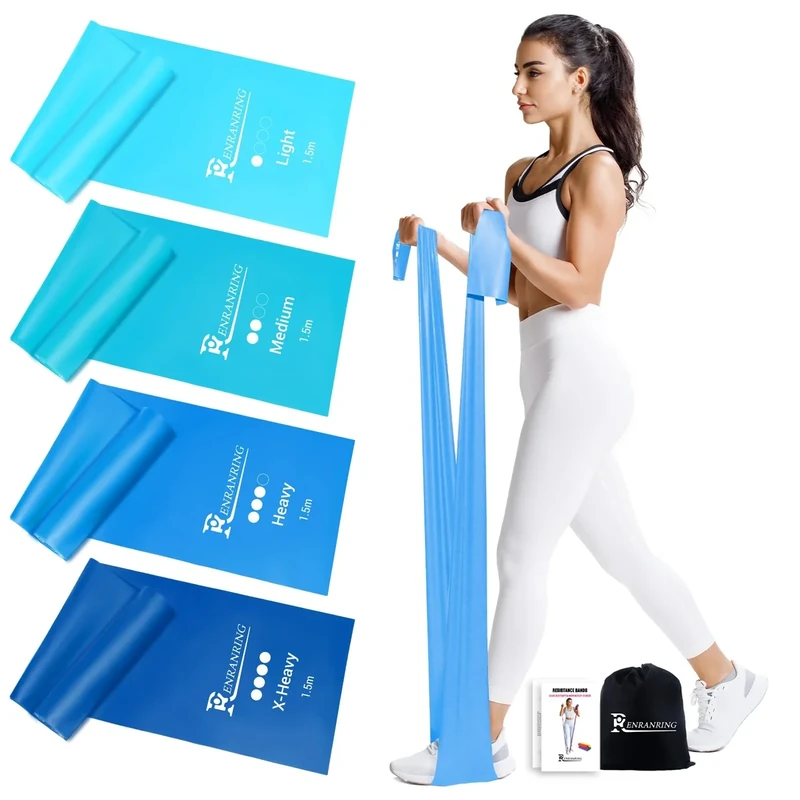 RENRANRING 4er Fitnessbänder, 1.5m Gymnastikband mit 4 Widerstandsstufen, Fitnessband mit Tragasche & Übungsanleitung,ideal für Yoga, Pilates Crossfit, Muskelaufbau