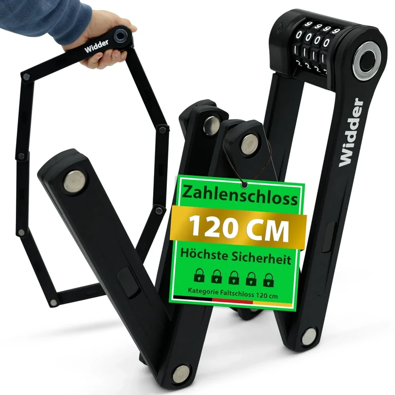 WIDDER 120cm Extrem Sicheres Fahrradschloss Zahlenschloss [Titan-Stahl Level 15] - 120 cm Faltschloss Fahrrad Zahlen Schloss mit Halterung - e Bike Lock & e Scooter Schloss mit Zahlencode