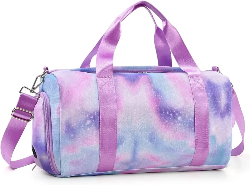 Kindersporttasche Reisetasche mit Schuhfach & Nassfach Schwimmtasche, Kinder Mädchen Reisetasche für Gymnastik Schwimm Niedlich Buntes Tanztasche Regenbogen Muster Sporttasche (lila)
