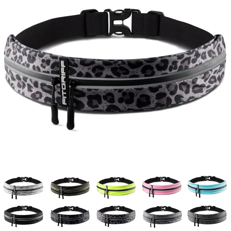 Fitgriff® Laufgürtel für Handy - Lauftasche Jogging, Hüfttasche, Sportgürtel, Running Belt zum Joggen, Laufen, Sport, Fitness - passend für alle Smartphones (Leopard, 85-120cm Bauchumfang)