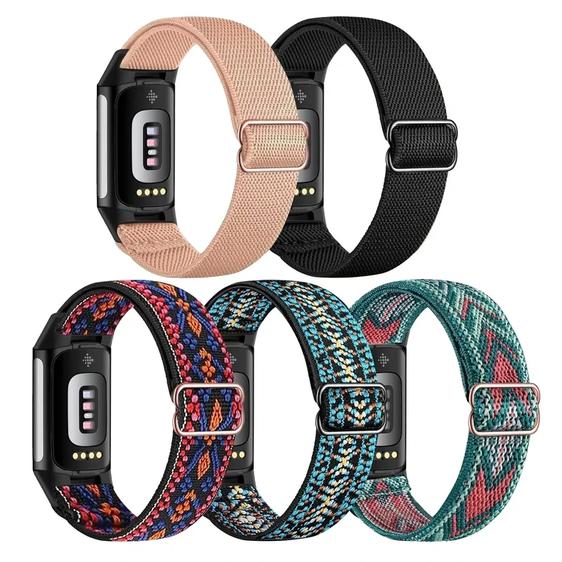 Gugobit 5 Stück Elastisches Armband Kompatibel mit Fitbit Charge 6/5 Armband, Verstellbares Nylon atmungsaktives Ersatzarmband für Fitbit Charge 6/5 Damen Herren