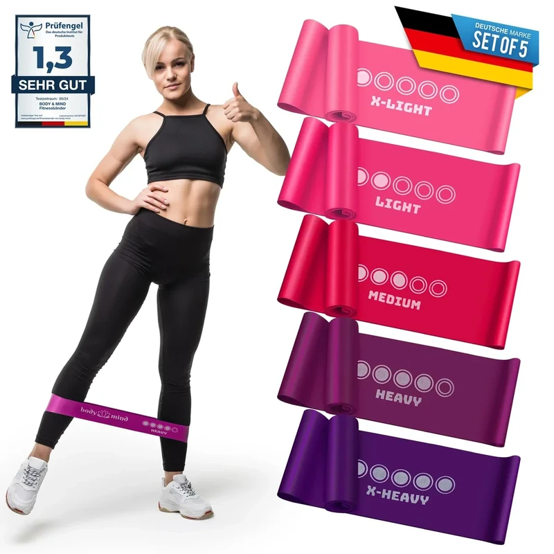 Body & Mind® Fitnessbänder 5 Stück Widerstandsbänder in 5 Stufen, Resistance-Bänder Trainingsbänder Gymnastikbänder 5er Set für Muskelaufbau, Yoga, Pilates & Work-Out; Sport-Band 100% Latex (Pink)