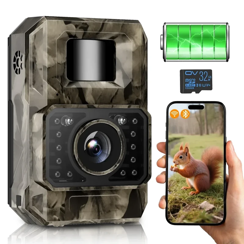 MAXDONE Wildkamera mit Bewegungsmelder Nachtsicht, 4K 64MP WLAN Bluetooth Wildkamera mit Handyübertragung App, Wildtierkamera mit 2000mAh Akku, Nachtsichtkamera 0,1s Auslösezeit, IP66 Wasserdicht