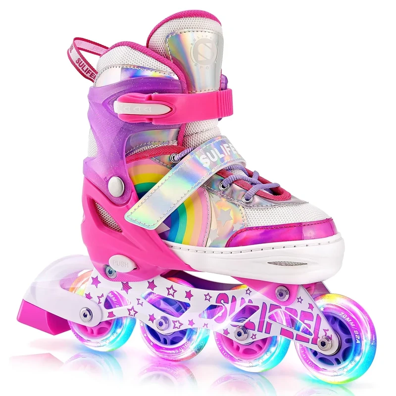 SULIFEEL Rainbow Unicorn Verstellbare Schwarz Rollschuhe für Kinder mit Leuchtenden Rädern für Jungen