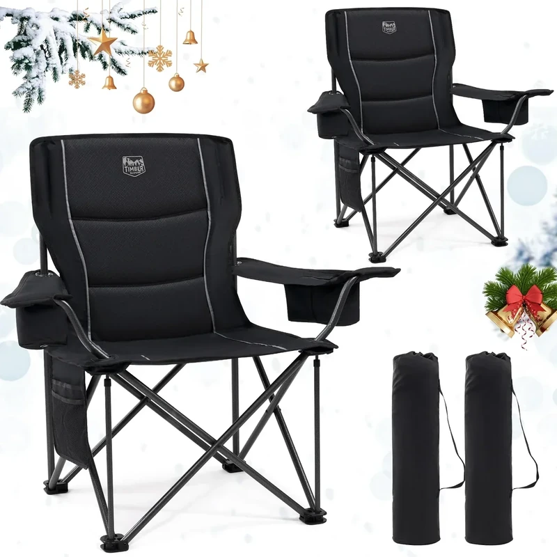 TIMBER RIDGE 2er Campingstuhl Faltbar 200KG Übergroß 63cm Sitzbreit Klappstuhl Camping Bequem Gepolster mit Isolierte Kühltasche Camping Sessel Faltstuhl Gartenstuhl Anglerstuhl
