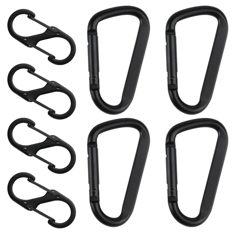 8 STK Karabinerhaken Set, Inkl 4 STK D-Clips Karabinerhaken & 4 STK S Karabiner Haken Aluminium, Metall Doppelkarabiner, Carabiner Schwarz für Camping Wandern Rucksack