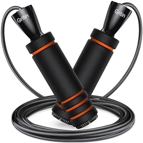 Gritin Springseil, 3 Meter Verstellbare Speed Rope mit Rutschfest & Ergonomisch Schaum Griffe für Fitness & Ausdauer & Seilspringen Training, für Kinder und Erwachsene, inkl. Oxford-Tasche, Orange