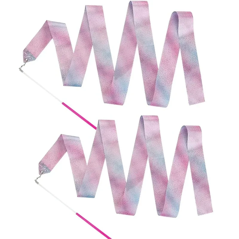 Sufune 2 Stück Gymnastikband mit Stab, 200cm Gymnastikband Kinder Tanzen Streamer Rhythmische Sportgymnastik Band