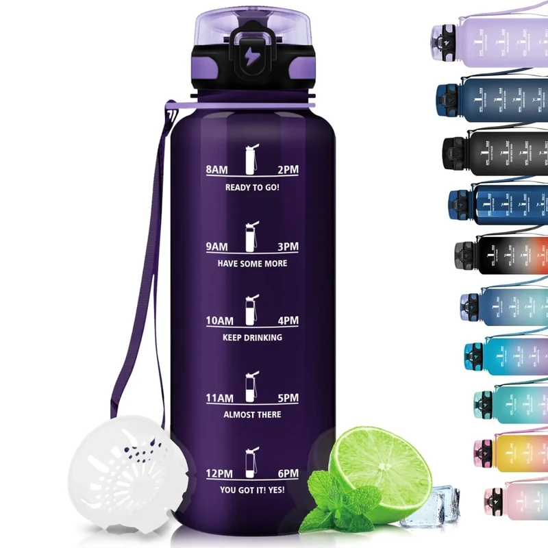 Grsta Trinkflasche 1.5 L - Trinkflasche Sport, BPA Frei, Wasserflasche Kohlensäure Geeignet, Auslaufsicher, Wasserflasche mit Filter und Zeitmarkierung für Fitness, Gym, Schule und Outdoor - Image 1
