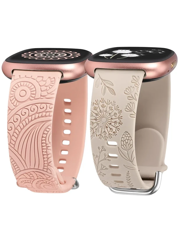 TOYOUTHS 2 Stück Floral Gravierte Armband kompatibel mit Fitbit Versa 4/Versa 3/Sense 2/Sense Armband, Sport Solo Loop Silikon Boho Henna/Löwenzahn Blume Cute Versa 4 Armbänder, Polarstern/Rosa