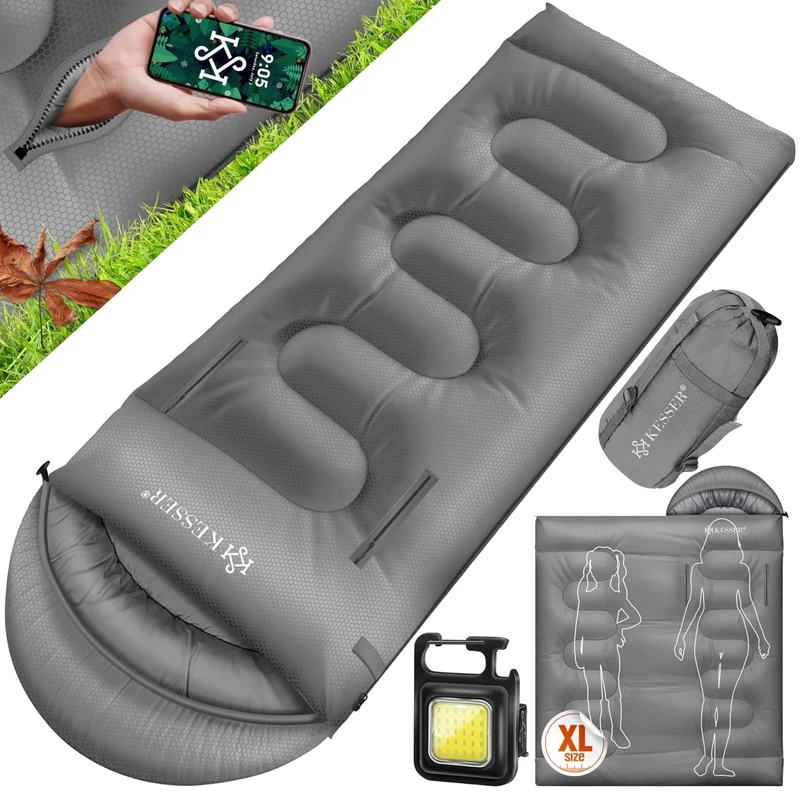 KESSER® Schlafsack Outdoor 175cm x 83cm | Deckenschlafsack 3-4 Jahreszeiten | Camping-Sleeping-Bag für Kinder | Leicht Tragbar Warm & Wasserabweisend inkl. Campinglampe & Seitentasche Grau