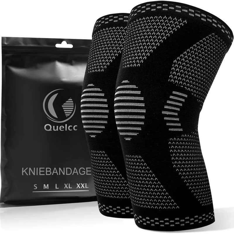 Quelcc 2 Pack Kniebandage Set, Kompression Kniestütze für Meniskusriss, Kniestütze für Damen und Männer, Rutschfeste Atmungsaktiv für Kniescherzen Lindert, Sport, Schwarz, XL