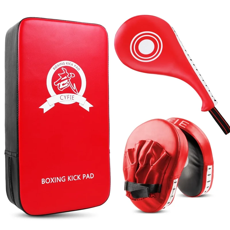 DEWEL PU Leder Schlagpolster Set mit 1 Paar Pratzen,1×Schlagkissen,1×Kick Pads,Pratzen Boxen für Kickboxen,Karate,MMA Training Boxen Pads