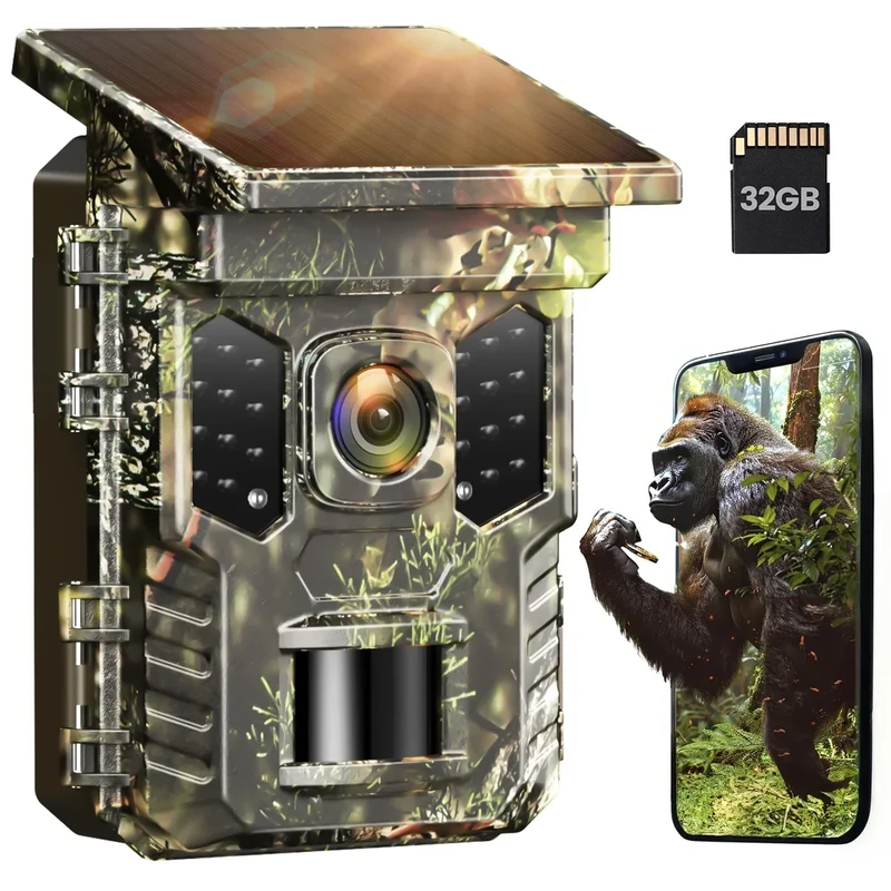 XTU Solar-Solarkamera mit WiFi-Bluetooth, 32 MP, 2,7 K mit bewegungsaktiviertem Nachtsicht, IP66 wasserdichte Wildtier-Jagdkamera mit 22 LED-Lichtern