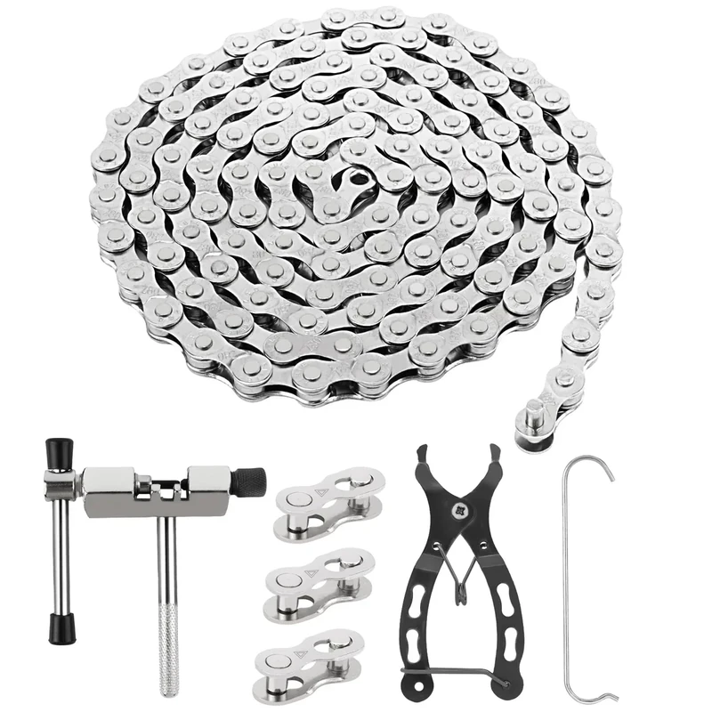 ROSE KULI Fahrradkette - 6/7/8 Fach Fahrrad Kette 1/2 x 3/32 Inch 116 Glieder, fahrradkette Werkzeug set mit kettenschloss zange,Kettenbrecher und 4 Paar Kettenschloss