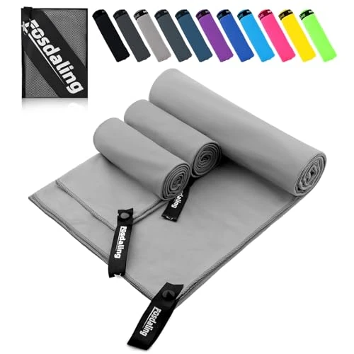 Fosdaling Mikrofaser Handtuch 3er Set（Groß 160×80cm und 2 Klein 80×40cm）, Schnelltrocknend Microfaser Fitness & Sport Handtücher, für Strandtuch, Badetuch, Sporthandtuch und Reisehandtuch (Gray-V)