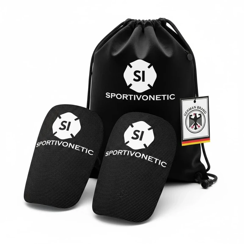 Premium Schienbeinschoner SPORTIVONETIC ® Anpassbar für Erwachsene & Kinder, Damen & Herren Fußball, Fussball - Football, Shin Guards, Shin Pads, extra klein, dünn, mini mit Beutel (Schwarz)