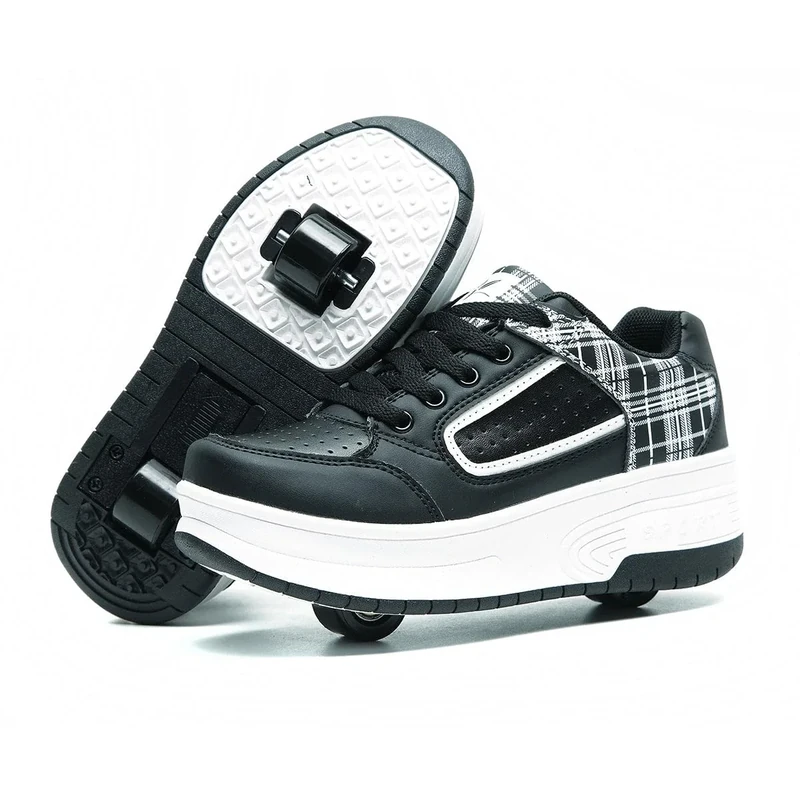 HUSKSWARE Jungen Mädchen Automatisch 2 Räder Skateboardschuhe, Rollschuhe für Kinder Schuhe Mit Doppelt Rollen, Outdoor Fitnessschuhe Sneakers, Schwarz-Weiß, 36 EU - Image 1