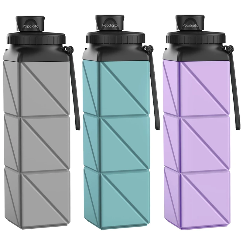 Popdigito Faltbare Wasserflaschen, auslaufsicherer Deckel, lebensmittelechtes BPA-freies Silikon, Reiseflaschen, faltbar, 610 ml, für Reisen, Fitnessstudio, Wandern, Sport, Camping, Radfahren, Schule,