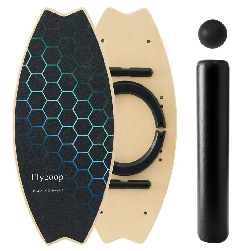 Balance Board Erwachsene, Flycoop Balance Brett Holz Balanceboard Indoorboard Surf Skateboard Indoor Surfboard Trickboard Gleichgewichtsboard Holz Gleichgewichtstrainer inkl. Rolle und Balance Ball