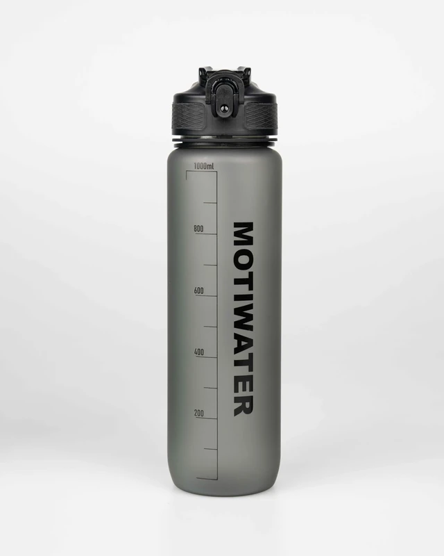 Trinkflasche 1L, deutsch, Motivation, Spühlmaschinen geeignet, Wasserflasche Auslaufsicher, BPA Frei, Sportflasche mit Zeitmarkierung (Grau (Schrift weiss))