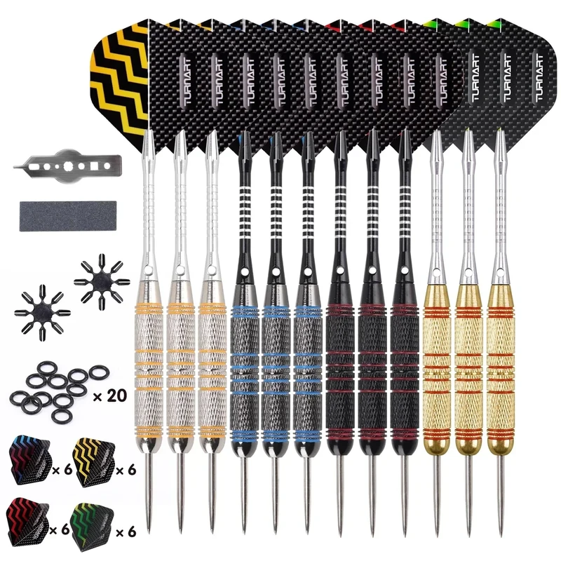 Turnart Dartpfeile Metallspitze -12 Stück 24 Gramm Profi Steel Darts Pfeile Dartpfeile Profi Dartpfeile Steel Set 12 Aluminium Schaft mit 24 Flights 20 Anti-Lose Gummiringe