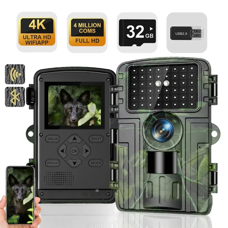 Lutranstra Wildkamera, 4K Video Wildtierkamera, 60MP Full HD WLAN mit Handyübertragung APP, Bewegungssensor, Nachtsicht, 0,1s Auslösezeit, Infrarot Wildkamera mit 32GB Speicherkarte &Kartenleser IP66
