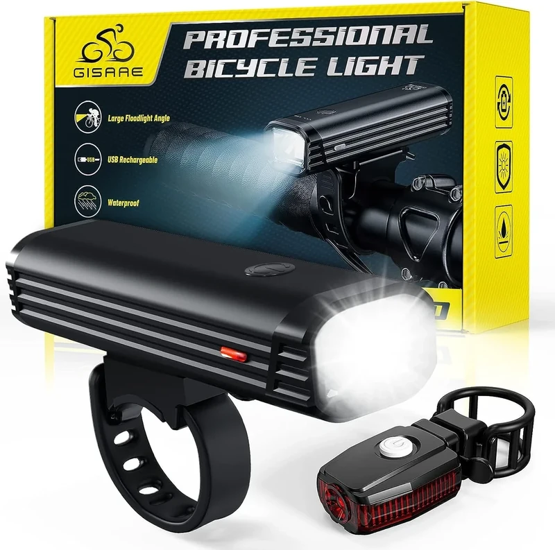 Gisaee Fahrradlicht, USB C Wiederaufladbare Fahrrad licht Set, Super Helles Frontlicht und Hinteres LED Fahrradlampe, Lange Akkulaufzeit mit 2000mah Lithium-Batterie, IPX5 wasserdichte