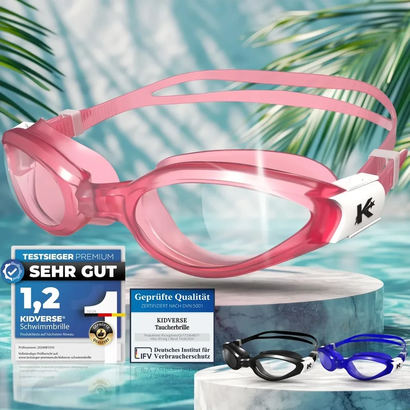 KIDVERSE Taucherbrille Kinder 6 Jahre bis 16 - Geprüfte Schwimmbrille Kinder 6 Jahre mit UV Schutz & Anti-Beschlag - Flexibel biegbare Kindertaucherbrillen ab 6 für Jungen & Mädchen
