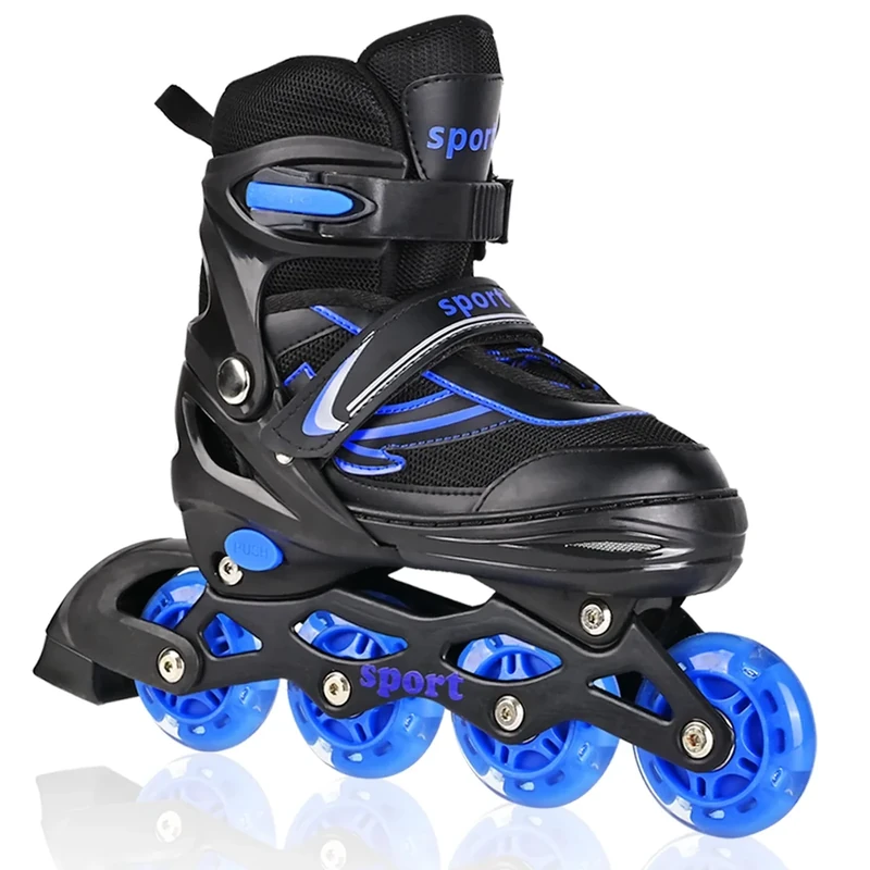 LOKJIJI Einstellbare Inline Skates für Kinder Mädchen Jungen Anfänger, Inline Skates mit Light Up Räder für Kinder und Jugendliche für drinnen draußen Sport Schwarz & Blau (Large)