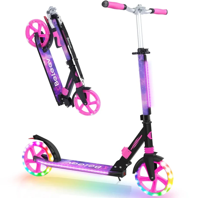 BELEEV Big Wheel Scooter mit LED Leuchtenden Lenksäule, Deck, Wheels, Höhenverstellbar, ABEC-9, 200mm Räder,Federung,Tragegurt, Faltbare Cityroller Kinder ab 6 Jahre,Jugendliche,Erwachsene, Tretroller