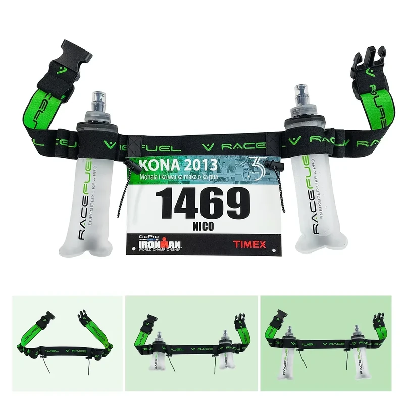RaceFuel Triathlon Startnummernband Laufgurt mit Tasche für Handy mit Nummernhalter & 6 Halter Softflask oder Gel für Joggen Radfahren Marathons (Ohne Tasche + 2x250ml Flask)