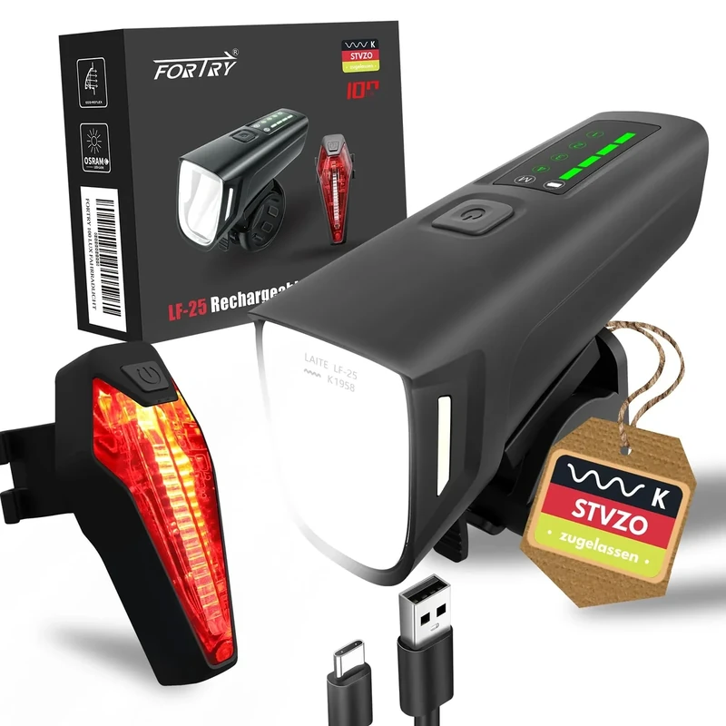 FORTRY Fahrradlicht Set,StVZO Zertifizierte Fahrradbeleuchtung,USB Typ C Aufladung Fahrrad Lichter Led Set,IPX5 Wasserdichter Fahrradlicht Vorne+Rücklicht (100 LUX Mit Lightsense)