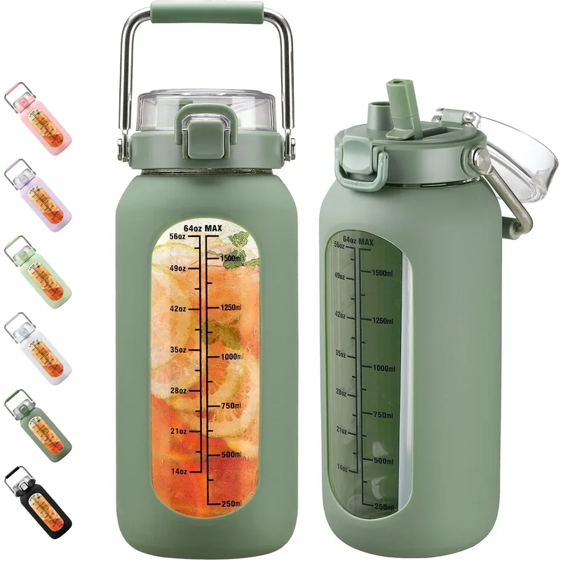 BLUEGO 2000ml Glaswasserflasche mit Edelstahlgriff und Zeitmarkierung 2L Trinkflasche Borosilikatglas mit Silikonhülle und Stroh für Fitnessstudio Büro Draussen Sport Wasserflaschen BPA-frei, Oliver