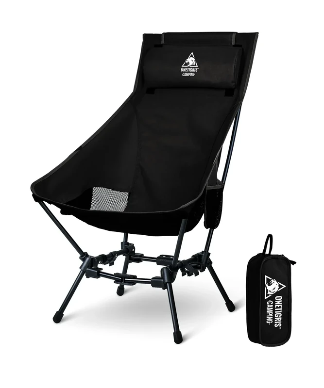 OneTigris DRAGONHIDE Campingstuhl Hochlehner faltbar 125 kg, Klappstuhl Camping leicht, Angelstuhl klappbar mit 2 Seitentaschen, Faltstuhl Ultraleicht für Outdoor, Wandern(Schwarz)