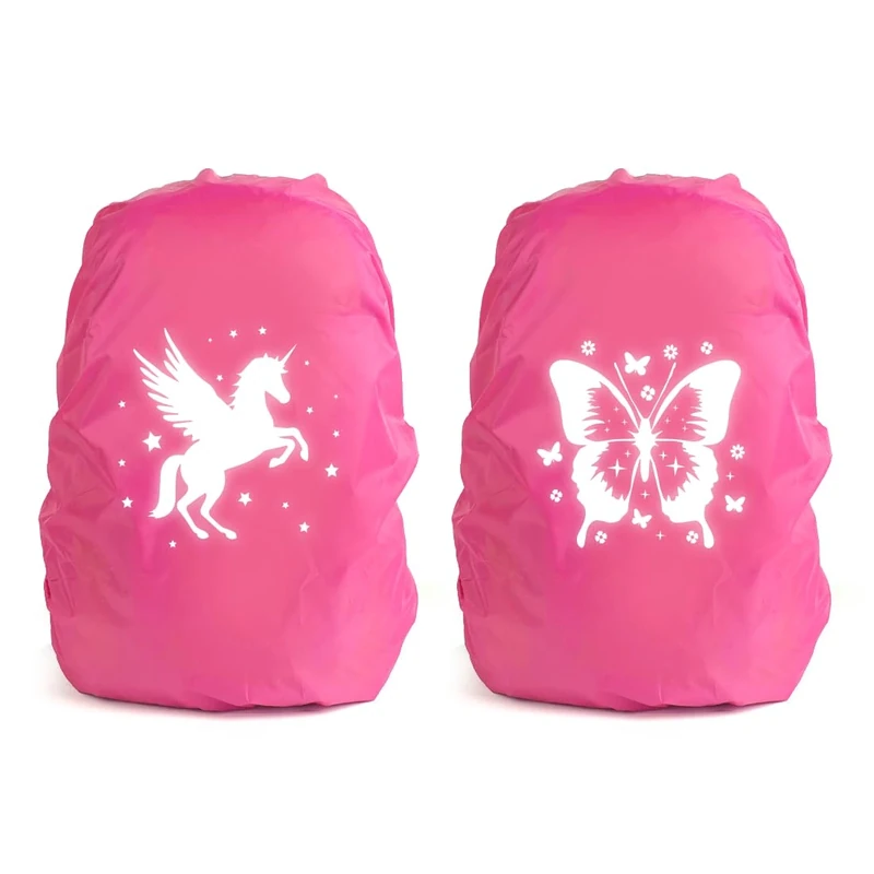 Regenschutz Schulranzen, 2 Stück Step by Step Regenschutz, Reflektierender Rucksack Überzug Regenschutz, Schultaschenhülle mit Einhorn und Schmetterlingsdruck für Jungen Mädchen Schulanfänger