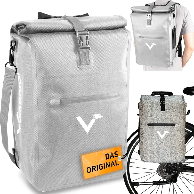 Valkental® 3in1 Fahrradtasche [Bis 25L] - Das Original - Geeignet als Gepäckträgertasche, Rucksack und Umhängetasche - 100% Wasserdicht & Reflektierend - Sichere Befestigung [Abschließbar] Laptopfach