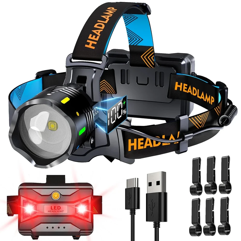 210000 Lux 12 Modi Stirnlampe Energiesparend Verstellbarer Fokus Bewegungssensor, 95H Standby 125° Winkel und Warnfunktion, IP65 Wasserdicht Stirnlampe Led Wiederaufladbar für Wandern Angeln Camping