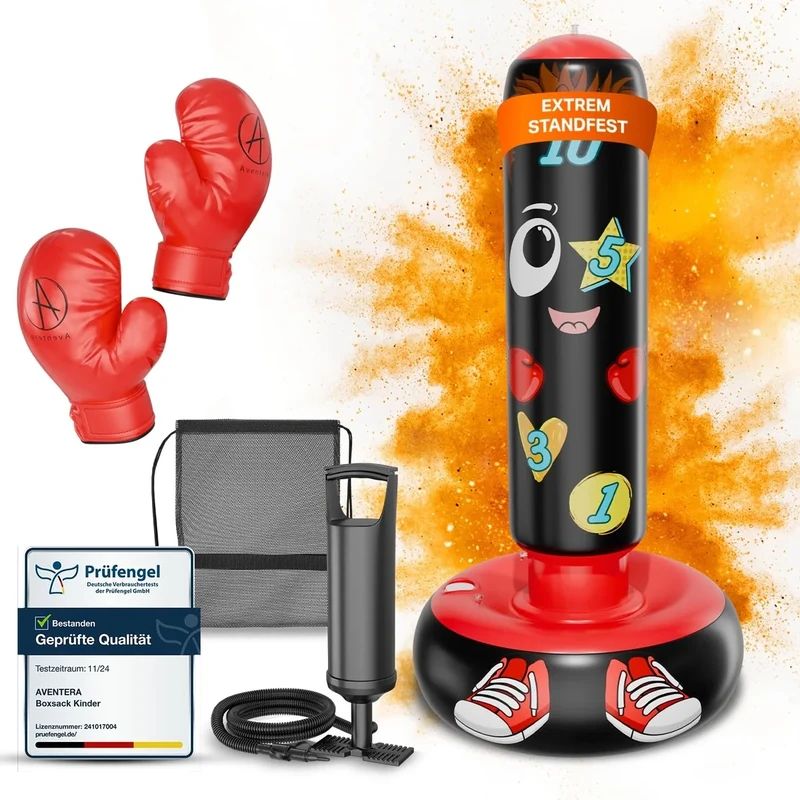 AVENTERA® Boxsack Kinder 3-12 Jahre (160cm mit LERNEFFEKT) - 4-in-1 Set [Boxsack, Pumpe, Handschuhe, Beutel] - Kinder Boxset - Extrem Dickes Material
