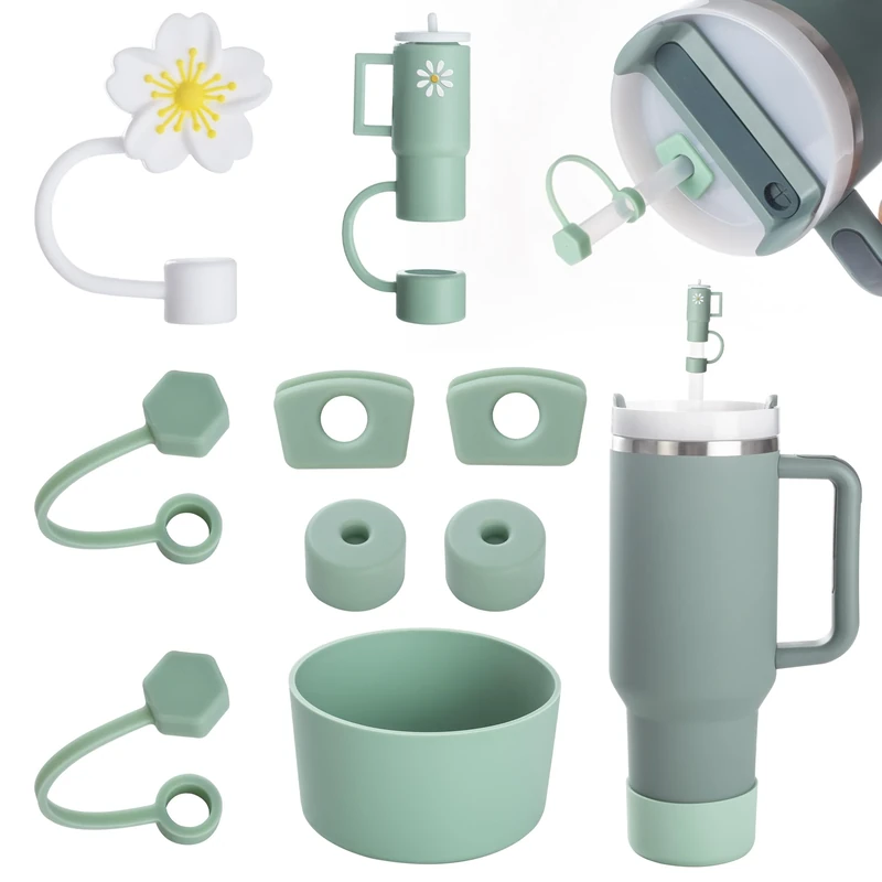FOSFUKEER Stanley Cup-Zubehörset, enthält 6 auslaufsichere Silikonstopfen,2 Stück Strohdeckel, 1 Silikonhülle für Stanley Cup 1,2 l- und 850 ml-Becher,Cups nicht enthalten (Matcha-Grün)